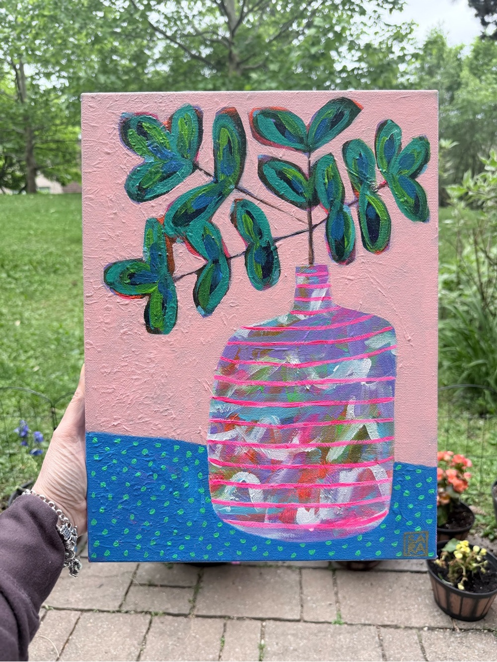 Contemporary Pink & Green Botanical Vase Painting